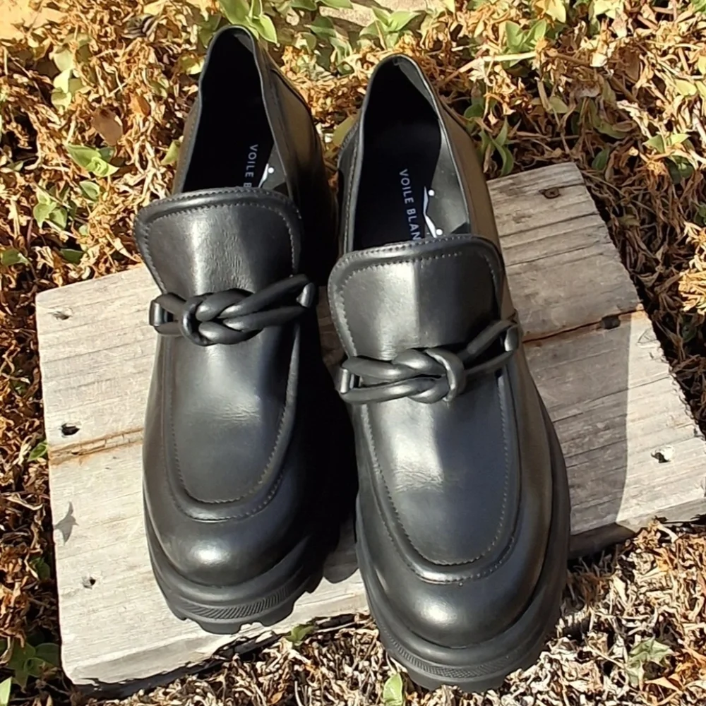 Voile Blanche Carine Black Leather Slip-On Ankle Chunky Loafers Size Women 10.5